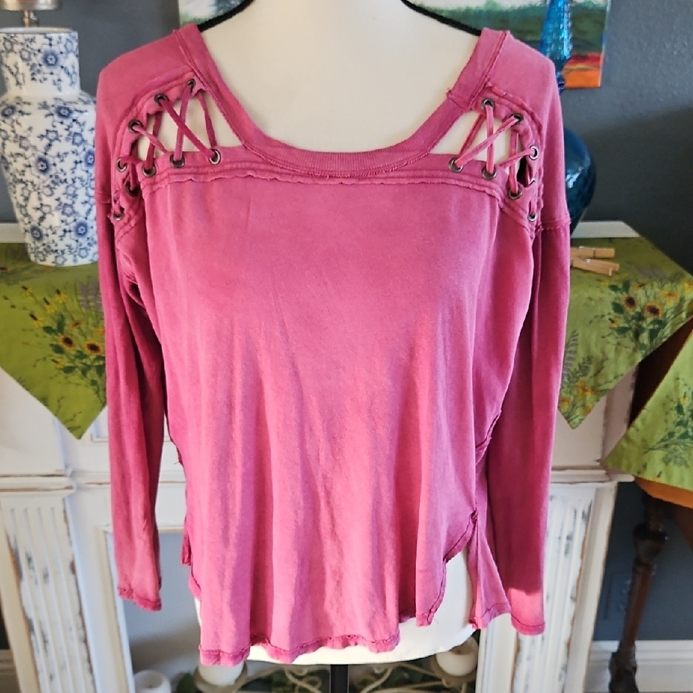Free People We The Free Pink Lace Up Shoulder Long Sleeve Top Small